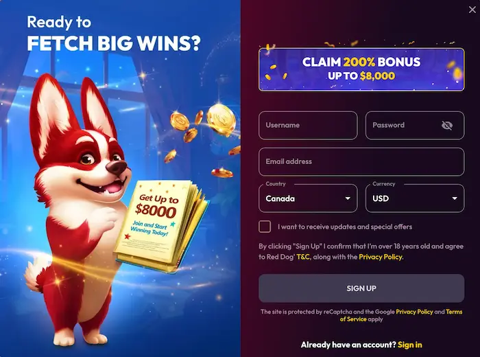 Red Dog Casino CA login